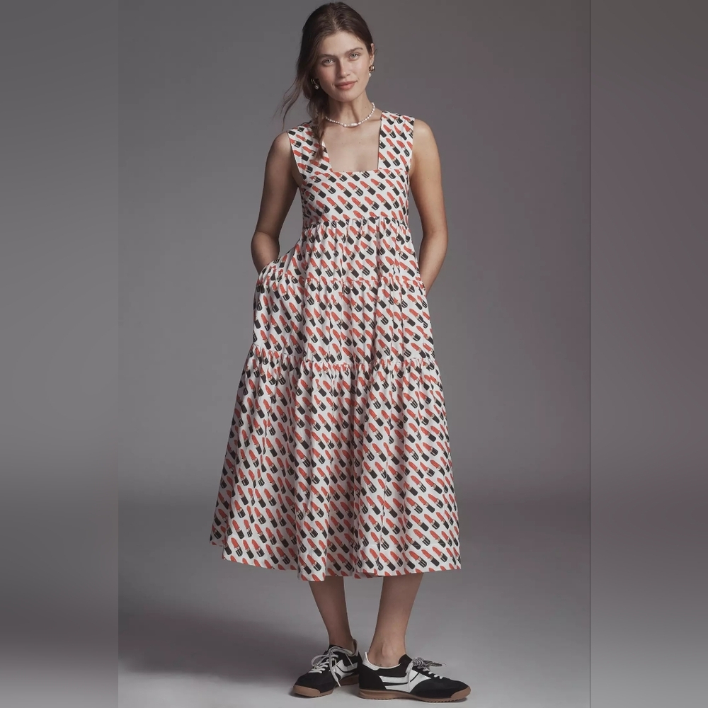 Anthropologie The Helena Square-Neck Smocked Tiered Midi Dress Lip Stick Print S